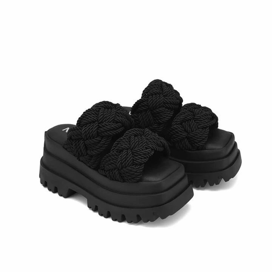 * Naked Wolfe Venice Black Rope Slippers Flats