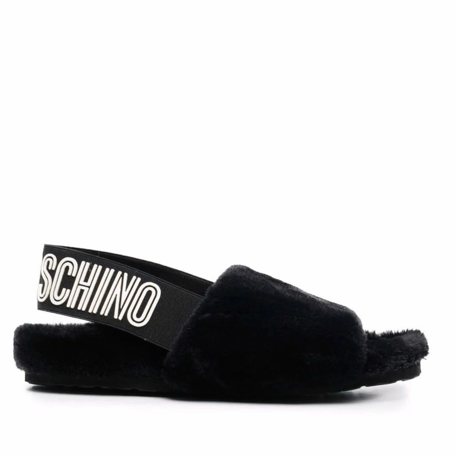 * Love Moschino Faux-Fur Logo Strap Sandals Flats