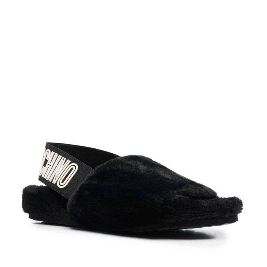 * Love Moschino Faux-Fur Logo Strap Sandals Flats