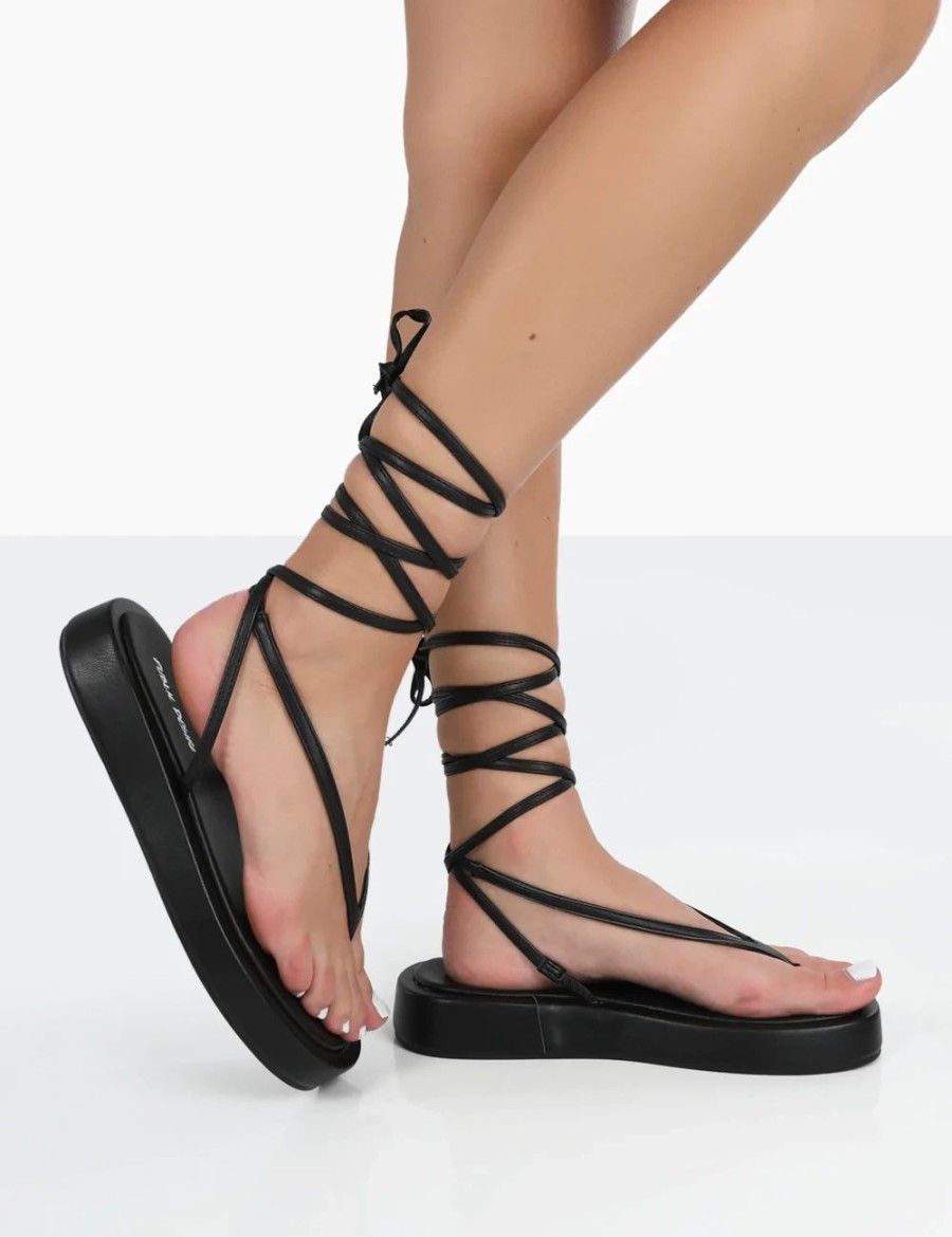 * Public Desire Beach Babe Black Lace Up Toe Thong Sandals